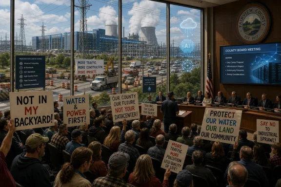Crowd protest at a county board meeting against a proposed data center, with power and water-related signs.