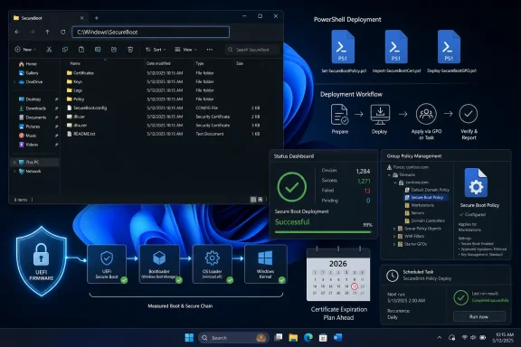 Screenshot of a Secure Boot deployment in PowerShell with certificates, workflow, and policy success status on Windows 11.