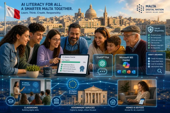 Young Malta community learning AI literacy with digital tools, course progress and responsible-usage prompts over a city skyline.