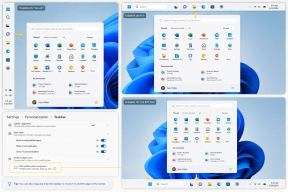 Windows 11 settings showing taskbar placement options with app menu previews on the desktop.