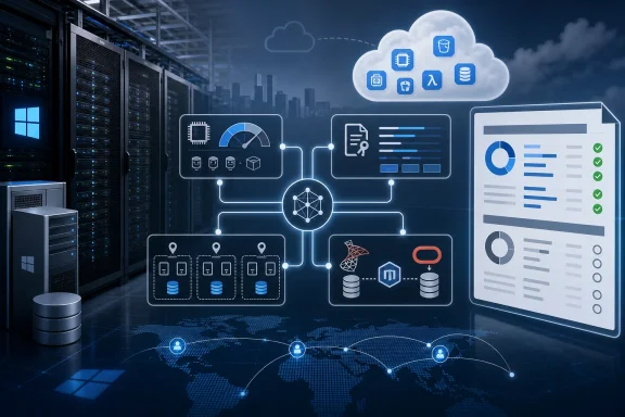 Server room with cloud computing network diagrams and data flow icons over a world map.