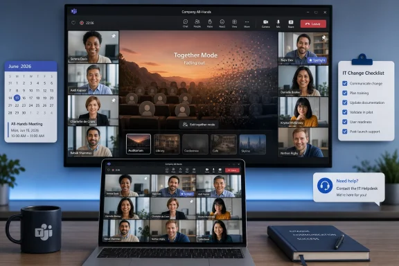 Video conference “Company All-Hands” on dual screens with participants, checklists, and IT help bubble.
