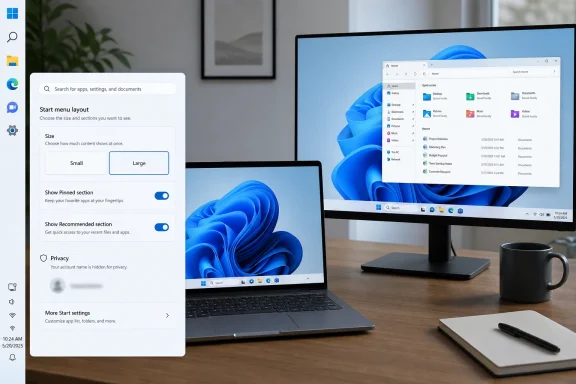 Dual monitors show Windows 11 Start menu customization and file explorer on a desk setup.