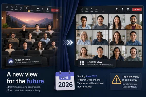 Futuristic video-meeting screen showing Together Mode and Gallery View with “June 2026” update.