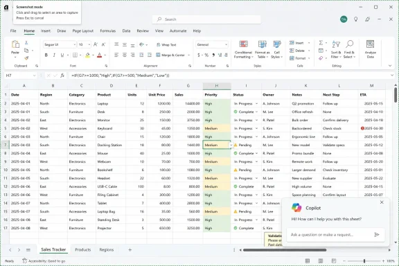 Excel “Sales Tracker” spreadsheet with conditional formatting and a Copilot chat window open.