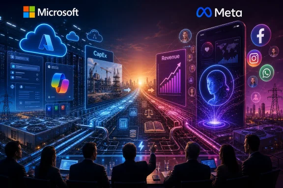 Conference scene with Microsoft and Meta branding over futuristic AI and cloud analytics displays.