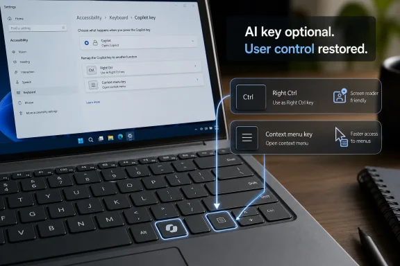 Windows accessibility settings show remapping the Copilot key to Ctrl/context menu with AI key notice.