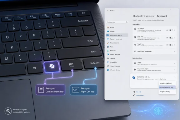 Laptop keyboard with remap prompts and a Windows settings window for the keyboard (Copilot key mapping).
