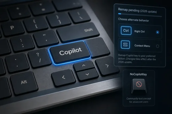 Close-up of a keyboard with “Copilot” key settings showing remap pending and alternate behavior options.