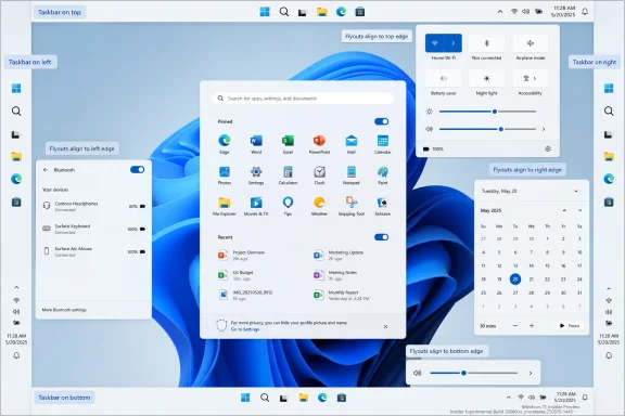 Windows 11 desktop shows centered Start menu with pinned apps, plus flyout settings on left and right.
