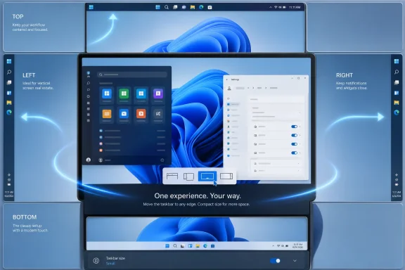 A Windows desktop mockup shows taskbar placement options with settings panels on multiple screen positions.