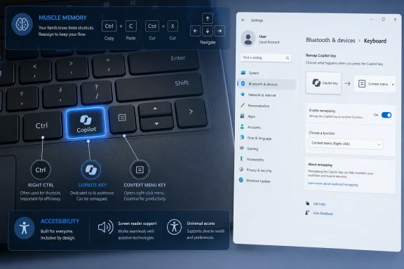 Split view shows a keyboard with labeled keys and a Windows settings panel for remapping the Copilot key.