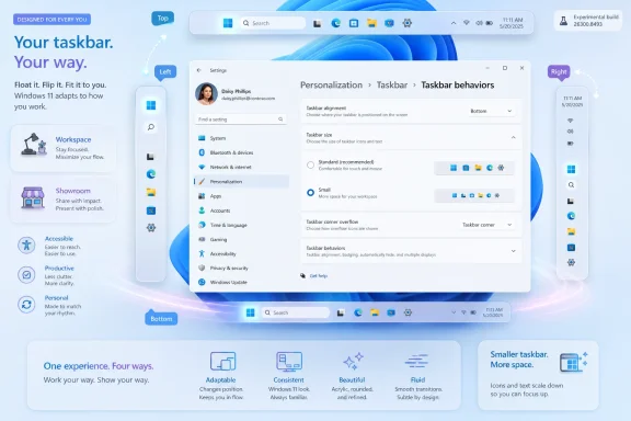 Windows 11 personalization screen showing taskbar alignment, size, and behaviors with side previews.