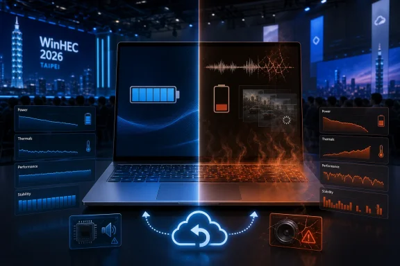 Split-screen shows a laptop under blue and orange conditions with power/thermals/performance charts and cloud sync icons.