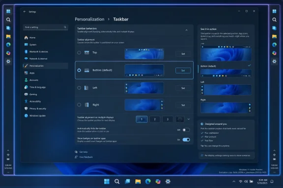 Windows 11 Settings screen showing Taskbar personalization options and preview layouts.