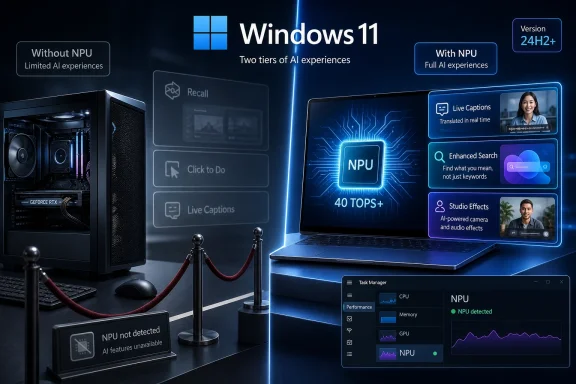 Promotional graphic showing Windows 11 with NPU features on a laptop, including live captions and enhanced search.