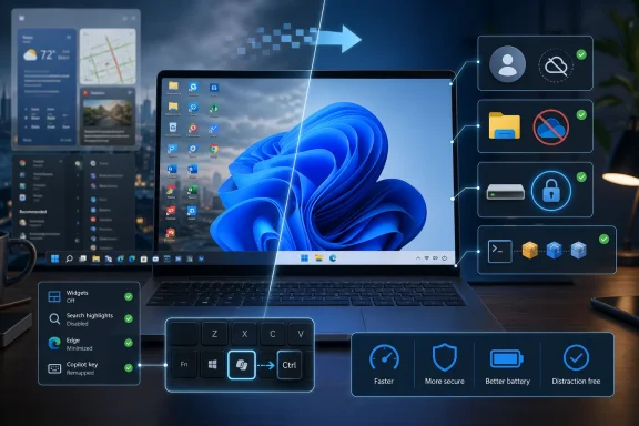 Futuristic laptop desktop with Windows interface, security icons, and blue data connections.