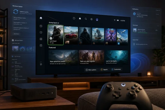 Windows PC gaming dashboard on a monitor shows game tiles, updates, and notifications, with a controller in view.