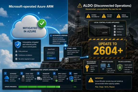 Infographic showing Microsoft Azure ARM disconnected ALDO update workflow, with progress to 2604+ and risk warnings.