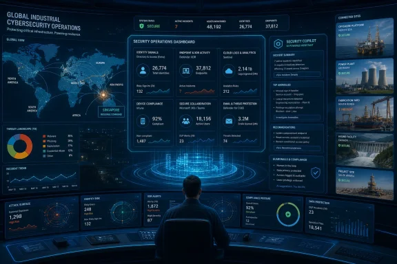 Cybersecurity operations dashboard with global threat metrics and a central analyst monitoring secure systems.