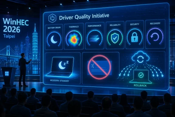 Tech conference stage with a neon “Driver Quality Initiative” dashboard on screen, covering battery, security, recovery.