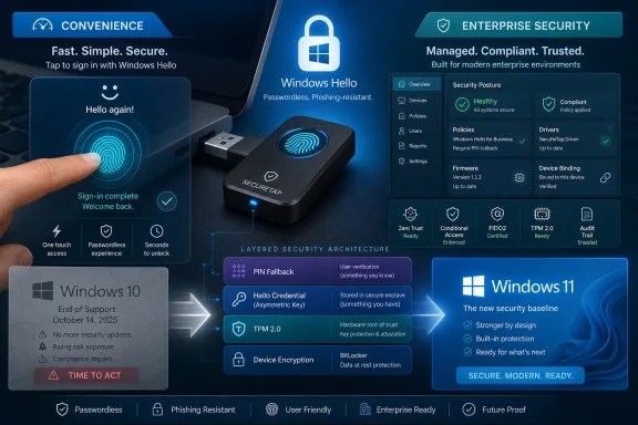 Windows Hello and enterprise security features shown on a SecureTap biometric sign-in dashboard.