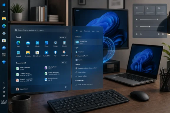 A Windows start-menu interface is displayed on a laptop desktop with apps and settings panels.