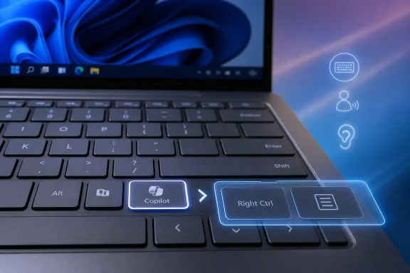 Close-up of a laptop keyboard with glowing Copilot and Right Ctrl UI controls on a blue background.