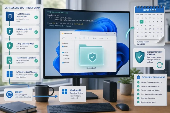 Diagram shows Windows 11 Secure Boot and UEFI secure boot trust chain with June 2026 deployment timeline.
