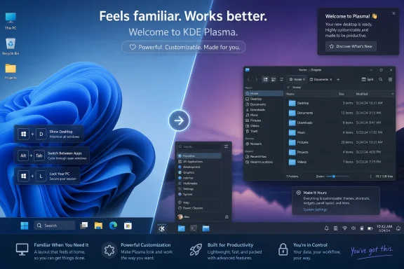 KDE Plasma welcome screen over a Windows-like desktop with floating app panels and a blue-purple wallpaper.
