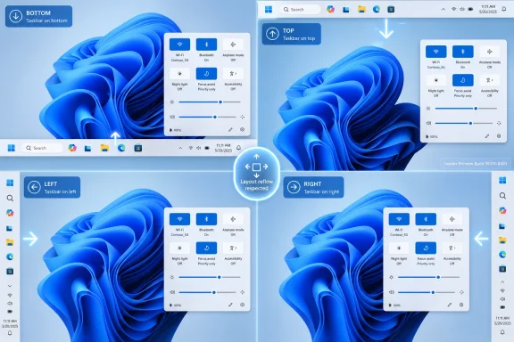 Windows 11 layout mockup showing taskbar positions and quick settings on different sides of the screen.