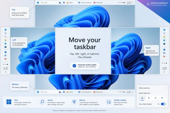 Windows 11 interface mockup showing a “Move your taskbar” options dialog over a blue wave desktop.