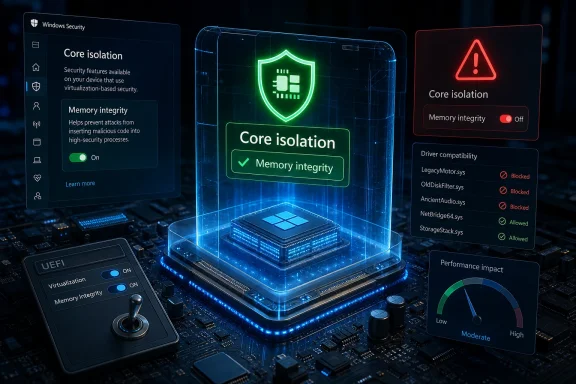 Windows Security UI shows Core Isolation and Memory Integrity with a glowing shield over computer hardware.