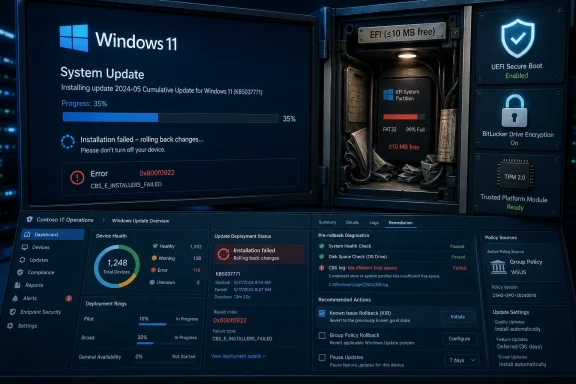 Windows 11 update failed with error 0x800f0922, rolling back changes and showing insufficient free space.