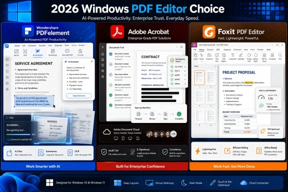 Promotional banner comparing the 2026 Windows PDF Editor picks: Wondershare, Adobe Acrobat, and Foxit.