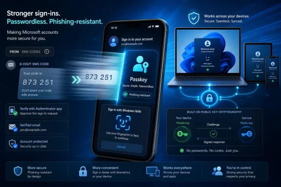 A secure Microsoft Passkey sign-in demo shows phone, laptop, and device screens with phishing-resistant messaging.