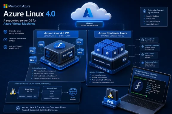 Microsoft Azure “Azure Linux 4.0” launch graphic showing VM and container Linux on cloud with support features.