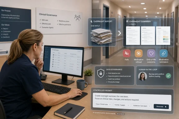 Healthcare worker using a computer with AI dashboard for overnight clinical governance summaries.