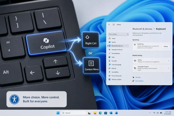 Close-up of a keyboard showing Copilot and key mapping arrows beside Windows settings for remapping keyboard keys.