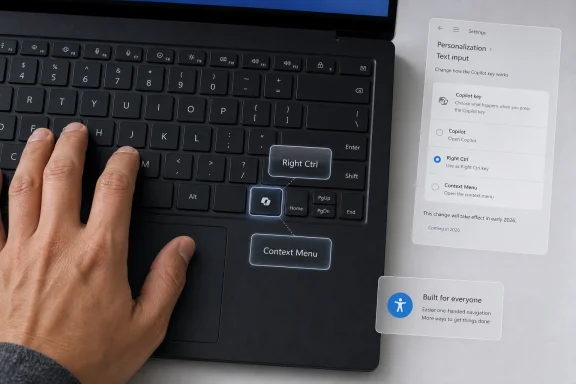 Hand selects the “Right Ctrl” key on a laptop keyboard while a settings screen shows Copilot personalization.