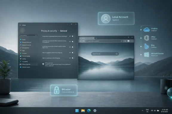 Windows settings with security and disabled apps overlay on a scenic desktop background.
