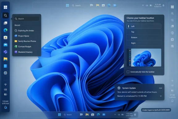 Windows 11 desktop showing taskbar location settings, system update notification, and blue wave background.