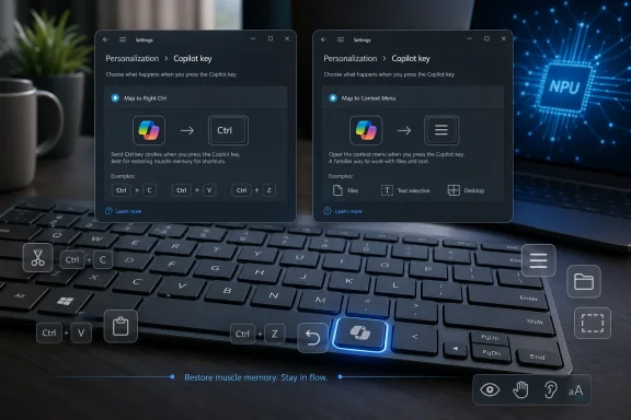 Laptop keyboard with Windows Copilot key settings showing mapping to Ctrl or context menu.