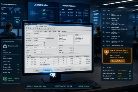 Staff review console shows an ERP sales order form with a highlighted “Human Review Required” approval log in a control room.