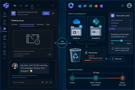 Diagram of Microsoft Teams meeting recordings retention, showing expiry and a recover option.