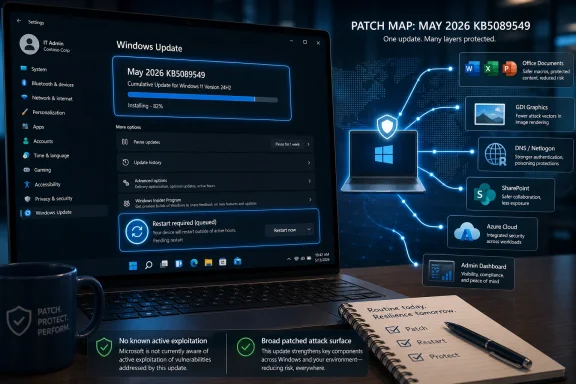 Laptop shows Windows Update installing May 2026 KB5089549 with security patch status and protected layers.
