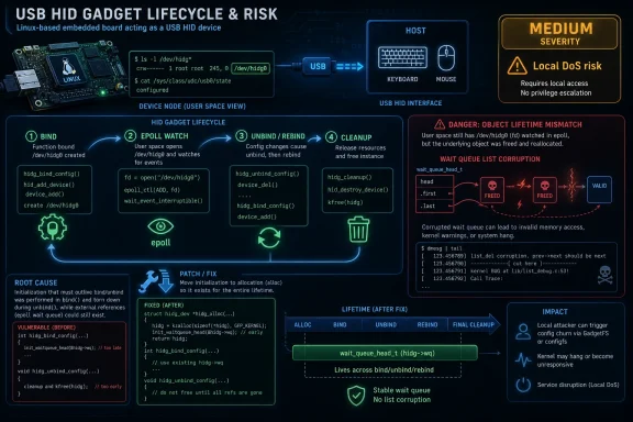 Infographic diagram shows USB HID gadget lifecycle and risk of Linux DoS from object lifetime mismatch.
