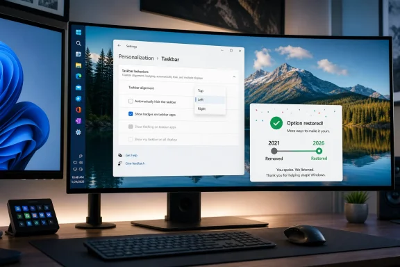 Windows personalization settings open on dual monitors with a taskbar alignment option selected.