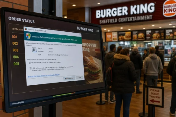 A Burger King kiosk shows a Windows Defender Firewall prompt while people wait in line.