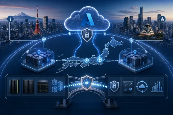 Cloud security and data network concept over a city skyline with glowing icons and server displays.